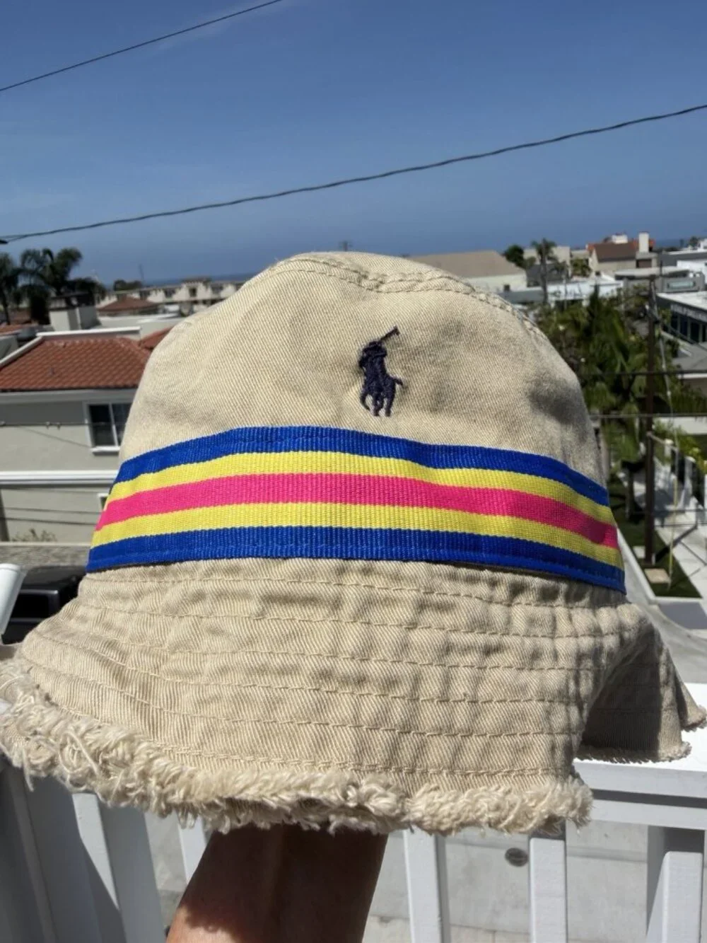 Vintage Y2K 90s Polo Ralph Lauren tan ribbon logo bucket hat preppy S/M beach